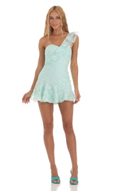 Floral Corset One Shoulder Dress in Seafoam